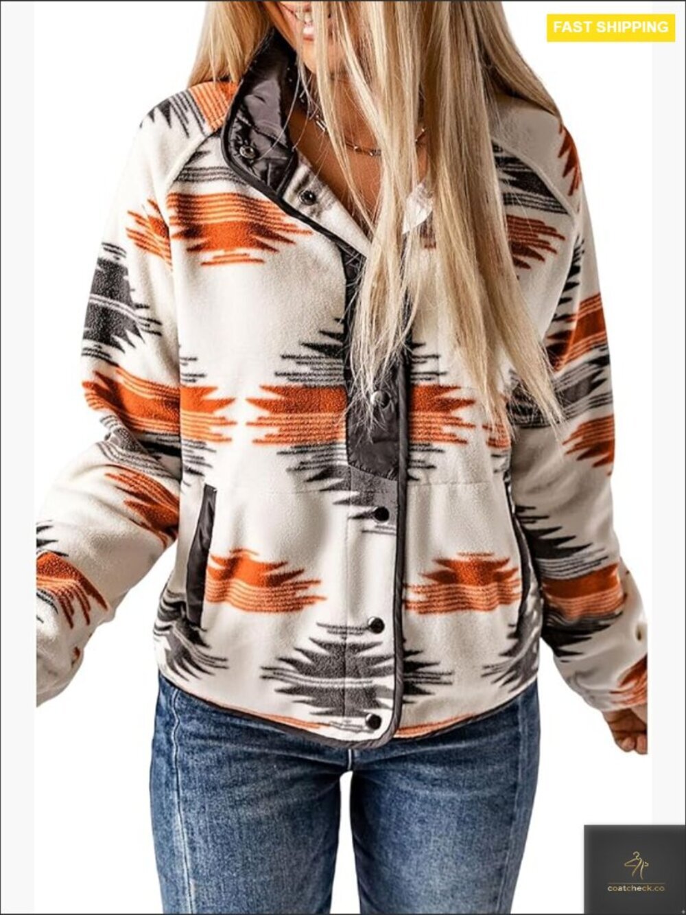 Western Aztec Print Fleece Jacket Long Sleeve Snap Button Down Shacket with